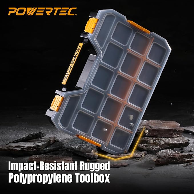 POWERTEC Stackable Tool Box Organizer with Removable Dividers - 17 Compartments, Interlocking, Portable Design, 2-Pack (72118-P2)