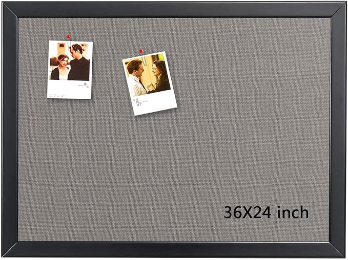 Bulletin Board 36 x 24 Inch, 100% Wood Framed Canvas Cork Board with Grey Fabric, Wall Mounted Notice Board for Home Office School