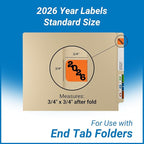 2026 Year Labels, Doctor Stuff 2026 Chart Stickers, Orange/Black Color Coded, Jeter Style, USA Made Year Labels for End Tab File Folders, 500/Roll, 1 Roll, 3/4" x 1-1/2"