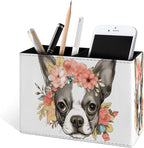 Famame Flowers on Bulldog Head Pencil Holder for Desk, Leather Desktop Container Pen Cup Storage Study Table Pen Organizer Makeup Brush Holder for Classroom Office Home
