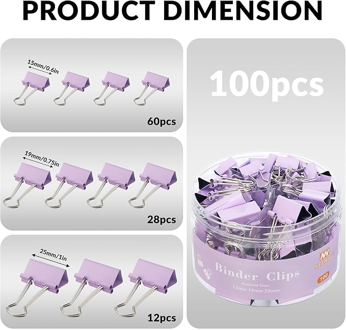 NEEWAY 100 Count Binder Clips Assorted Sizes, Paper Binder Clips (0.6inch 0.75inch 1inch), Metal Paper Clamps for Office and Home