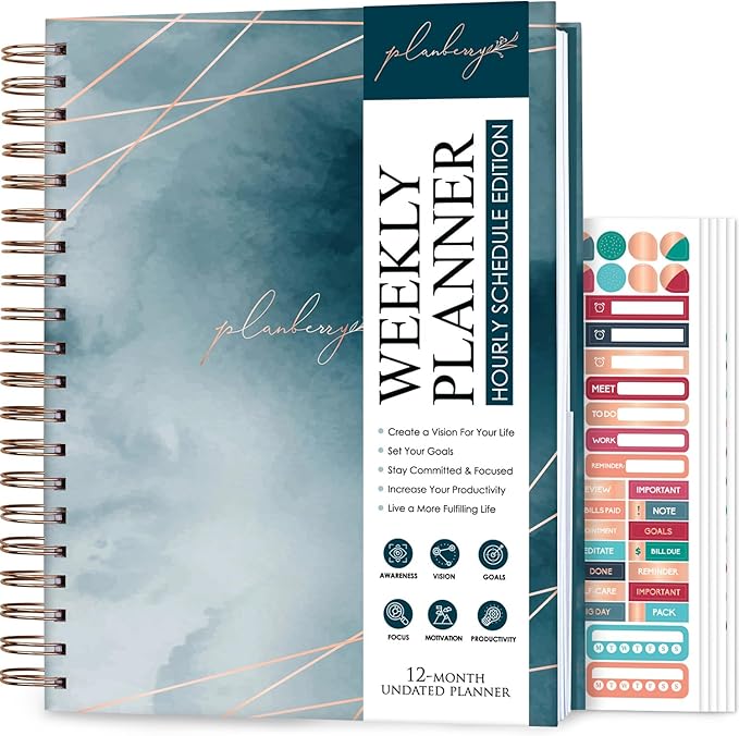 PLANBERRY Large Hourly Schedule Planner Premium – Undated Organizer for Productivity, Time Management & Budget, 8x10.4″ (Ocean Depths)