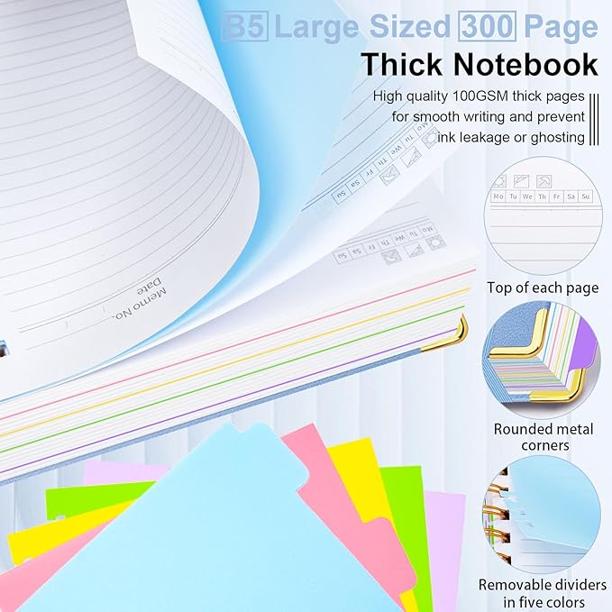 Hardcover Spiral Notebook 8"x10" Journal Notebook with Tabs and Removable Dividers 300 Pages 5 Subject Notebook College Ruled, Faux Leather Spiral Bound Notebook for Women School Work (Lake Blue)
