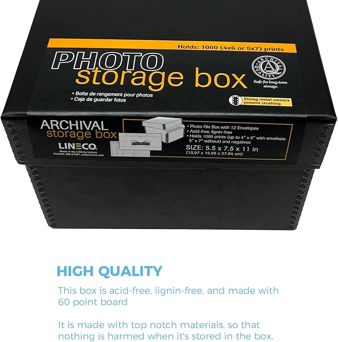 Lineco 4x6 Photo Storage Box, with 12 Acid-Free Envelopes, Holds Up to 1000 3.5" x 5", or 4" x 6" Pictures, Metal Edge Archival Organizer for Cards Stickers Stamps Seeds, 5.5x7.5x11. Black, 2 Pack