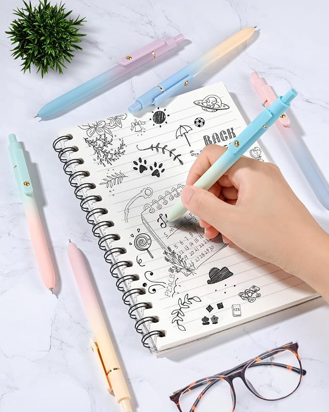 FIOVER Gel Pens, 12 Pcs 0.7mm Comfort Grip Quick Dry Black Ink Pens Fine Point Smooth Writing Pens, Cute Office Back to School Supplies Gifts for Women (12PCS Gradient Black Ink)