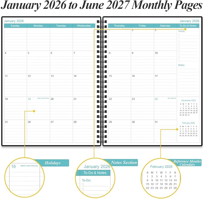2026-2027 Planner - 18 Months Weekly & Monthly Planner from January 2026 - June 2027, Spiral Planners 2026-2027 with Elastic Closure, Inner Pocket, Medium 8.5" x 11", Black