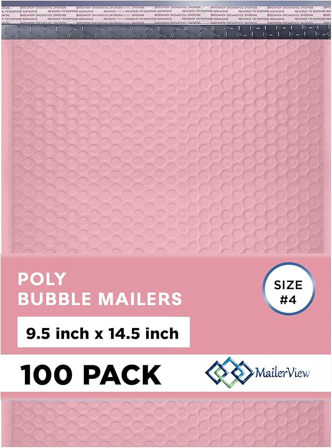 Light Pink Large Poly Bubble Mailers 9.5x14.5 inch #4 | Self Seal Padded Envelopes Cushioned Bubble Mailer | Usable Size 9.5x13.5 | WaterProof | Lightweight mailing Shipping Bags | 100 Pack Bulk