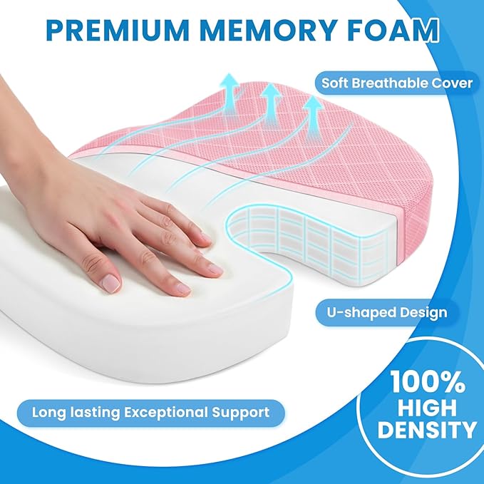TushGuard Office/Car Seat Cushion, Non-Slip Sciatica & Back Coccyx Tailbone Pain Relief Chair Pad, Memory Foam Butt Pillow for Computer Desk, Wheelchair, Driving (Pink)