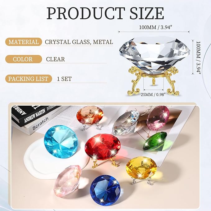PATIKIL Diamond Crystal Paperweight, 100mm / 3.94" Crystal Paperweight Paper Weight with Gold 25 Metal Base for Home Office Desktop Table Decor Wedding Party Ornaments, Clear
