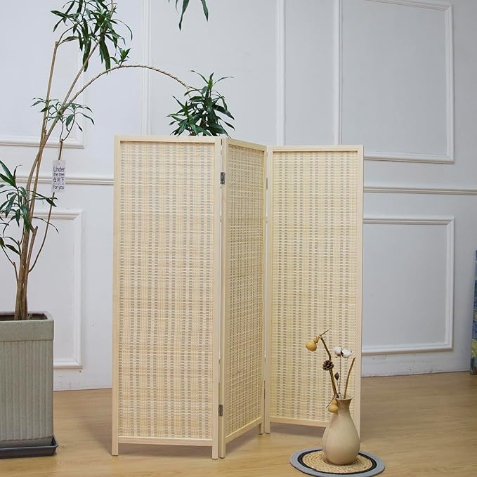 Furnnylane 3 Panel Short Room Divider Screen,Beige Freestanding Partition,Small Bamboo Panel Divider for Room Seperation,3.95 FT Tall