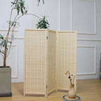 Furnnylane 3 Panel Short Room Divider Screen,Beige Freestanding Partition,Small Bamboo Panel Divider for Room Seperation,3.95 FT Tall