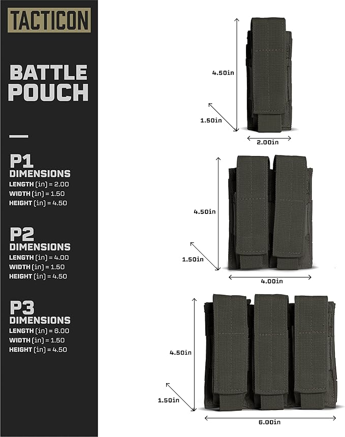 Tacticon P1 P2 P3 BattlePouch | Universal Pistol Mag Pouch | Combat Veteran Owned Company | Molle Single Double Triple Pistol Magazine Holster for Ammo | Tactical Bag Accessories Holder