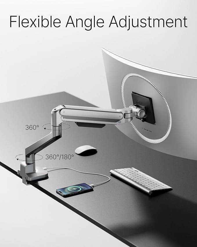monTEK Deluxe Monitor Arm with USB A/C up to 40 Inch Holds 26.4 lbs Curved Screens Aluminum Fully Motion Single Monitor Stand with Clamp/Grommet, Quick Release Plate,75/100mm VESA,MA1008UCSL