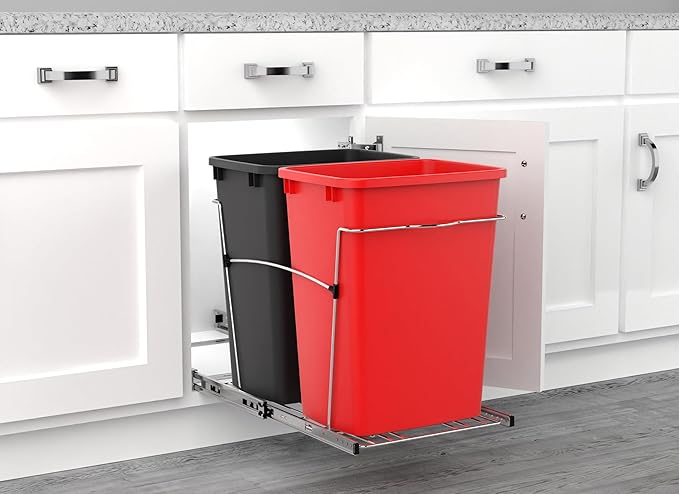Rev-A-Shelf RV-18KD-1618C-S Double Pullout Trash Can for Kitchen Cabinets 35 Qt Garbage Recycling Bin on Full Extension Slides, Red/Black