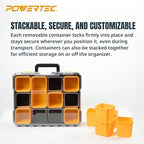 POWERTEC Small Parts Organizer & Tool Box – 10 Compartments, IP65 Water & Dust Protection, Stackable Storage with Interlocking Latch, Removable Tray, Clear Lid, Portable Design, 2-Pack (72365-P2)