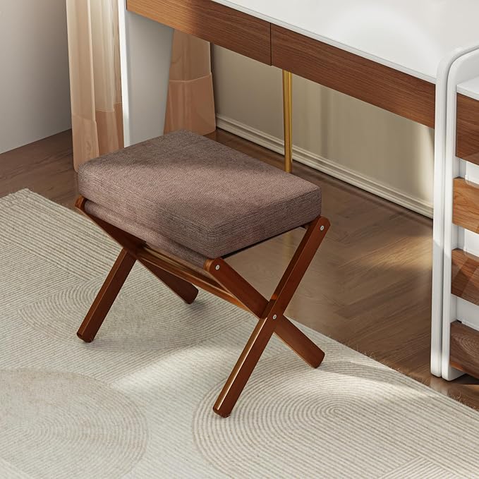 BAMBOOHOMIE Foldable Foot Stool Ottoman, Modern Foot Rest with Bamboo X Legs & Thick Foam Cushion, Folding Foot Stools Small Padded for Bedroom Living Room, Footstool for Chair Couch (Brown - Brown)