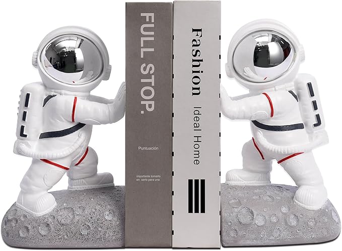 Kakizzy Space Theme Bookends - Astronaut Kids Book Stoppers, Heavy Duty Resin Bookends for Shelves (D-Silver Color)
