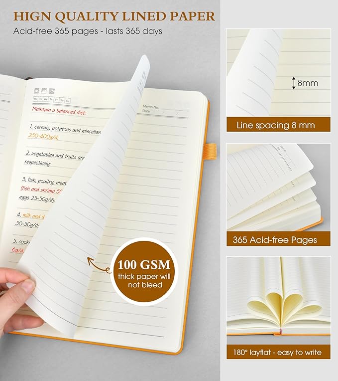 PERCUN A4 Lined Journal Notebook，365 Page Large Leather Journals for Writing Women Men，Hardcover Notebook with 100Gsm Thick Pages for Travel，Work，School，College Ruled, Daily Diary (8.5" x 11.4")