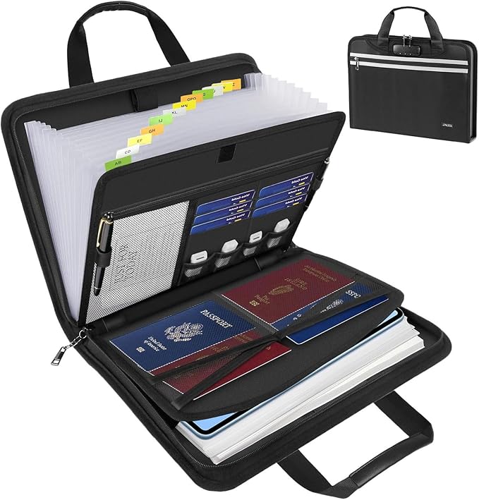 Accordion File Organizer with Lock, Fireproof Expanding File Folders with 13 Pockets Important Document Organizer with Handle & Labels, Portable Document Folder for Letter A4 Files and More
