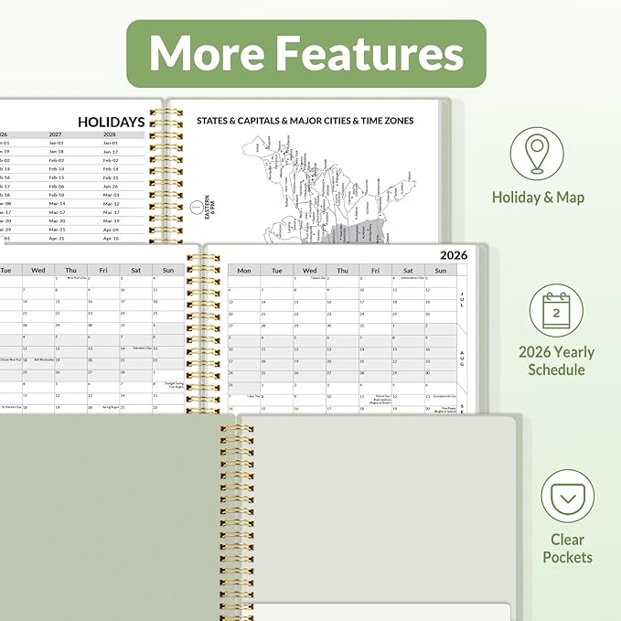 SUNEE 2026 Weekly and Monthly Planner - from January 2026 - December 2026, Daily Agenda Planner with Monthly Tab, Flexible Cover, Note Pages, Pockets, Bookmark, Spiral Binding, Sage Green, 6.4" x 8.3"