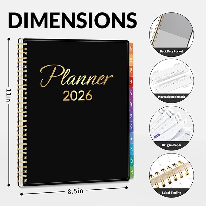 GNL 2026 Planner, Weekly and Monthly Planner January - December 2026, 8.5" x 11" Monthly Planner with Waterproof Flexible Cover, Spiral Binding Notebook with Colorful Tab, Pockets, Bookmark, Black