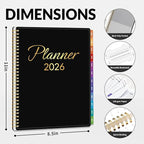 GNL 2026 Planner, Weekly and Monthly Planner January - December 2026, 8.5" x 11" Monthly Planner with Waterproof Flexible Cover, Spiral Binding Notebook with Colorful Tab, Pockets, Bookmark, Black