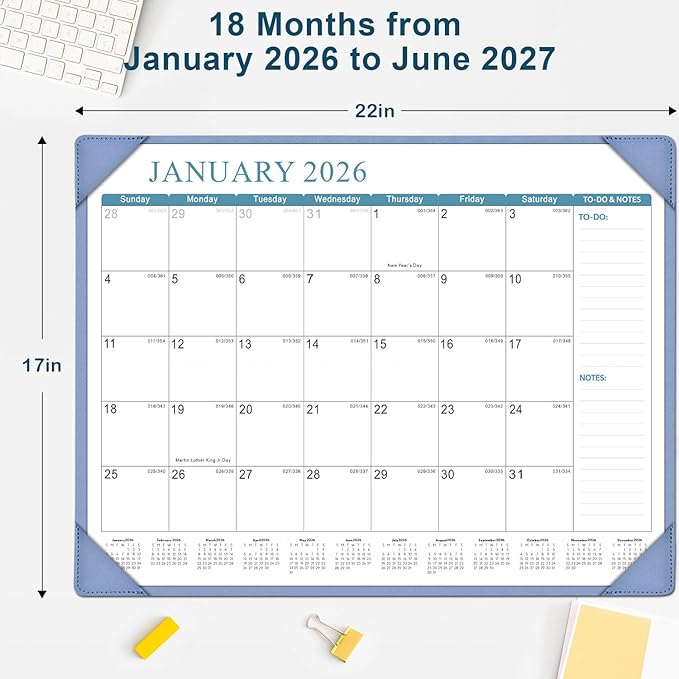 Desk Calendar 2026, KOPEESY New Year Large Desk Calendar with Desktop Mat, 18 Months from January 2026 - June 2027, 22” x 17” Desktop Monthly Planner for Home or Office School