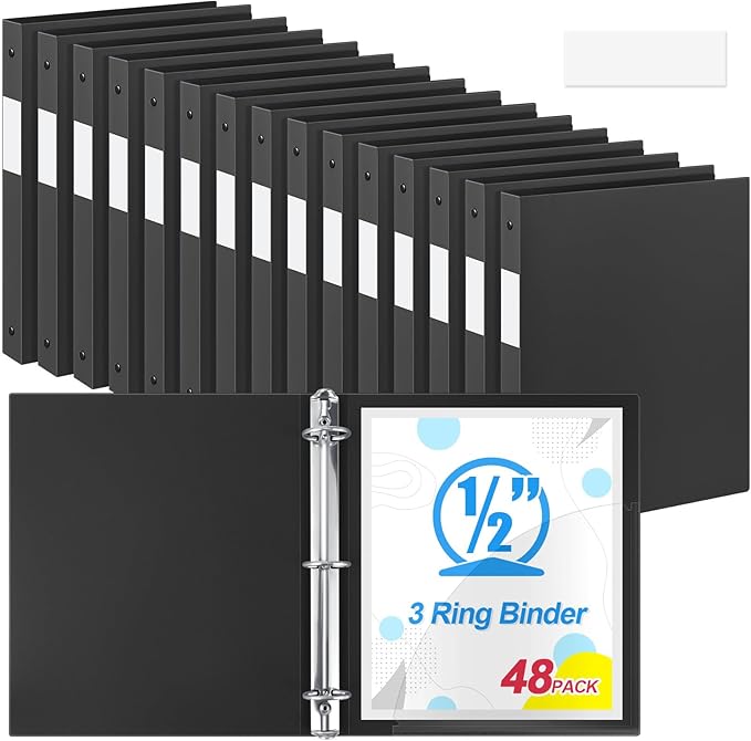 Henoyso 48 Pcs 3 Ring Binder 0.5 Inch Round Fits Letter Size 8.5'' x 11'' Paper Plastic Flexible Binder Bulk Holds 140 Sheets with 1 Pockets Versatile Organizer for Home Office School (Black)