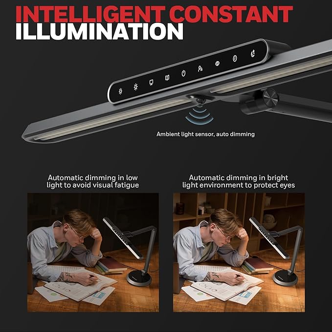 Honeywell Desk Lamp for Home Office, H9 Sunturalux™ Eye-Caring LED Desk Light, 1000LM Dimmable Desk Lamp with Timer and Auto-Sensing, Adjustable Desk Reading Light or Study, Cumputer, Architect