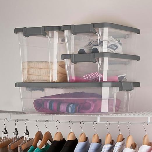 Sterilite 24-Pack Modular Stacker Box, Durable Clear Plastic Storage Bins with Latching Lids, 30 Quart - Stackable Organizing Container Boxes for Closet, Bathroom, and Office