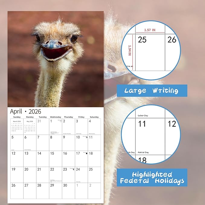 2026 Wall Calendar,Calendar 2026, November 2025 - December 2026, Wall Calendar Smiling Animals, 12" x 24" Opened,Full Page Months Thick & Sturdy Paper for Calendar Organizing & Planning