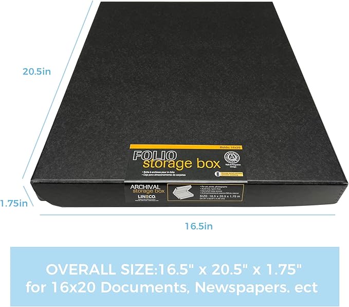 Lineco, Archival Folio Storage Box. Acid-Free, Metal Edge Boxboard, Clamshell Lid. 16 x 20 x 1.75 Inches. Preserves and Organizes, Stores Photos, Documents, Craft, Prints, DIY. Black, Pack of 10