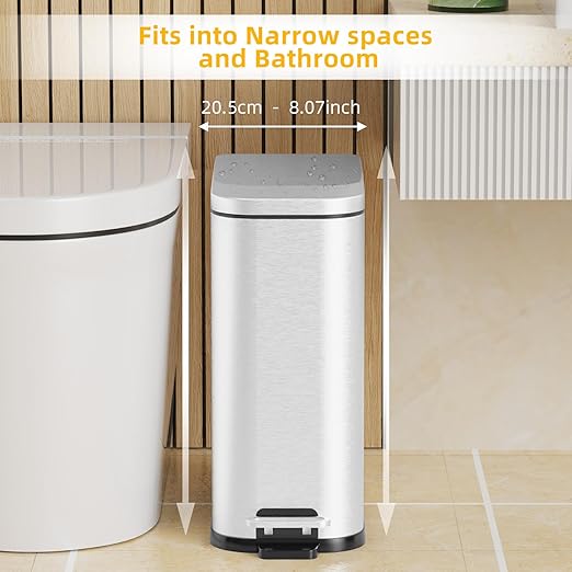 KdbK Bathroom Trash Can with Soft Close Lid, 15L/ 4 GallonRectangular Trash Can with Removable Wastebasket, Step Pedal, Slim Wastebasket for Bedroom, Home Office,Silver