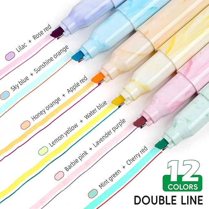 Techjob Aesthetic Highlighters 6 Pack Dual Tips,Double Line Highlighters Assorted Colors, Home and Office Use, Teacher Supplies, Ideal Highlighter for Organizing and Coloring