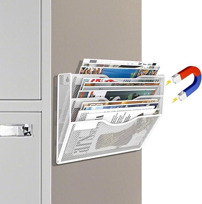LQPAFZ 3-Tier Magnetic File Holder, No Drilling Installation File Cabinet Organizer, White Magnetic File Organizer, Magazine Rack, Magnetic Paper Holder for Refrigerator, File Cabinets,White