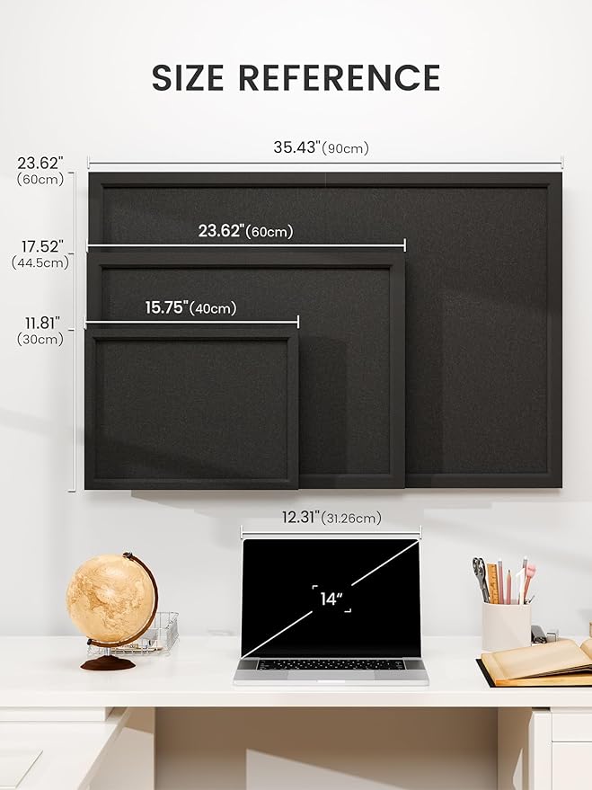 Fluxynara Foldable Cork Board Alternative, Felt Bulletin Board 24" x 18" Black Frame with 16 Adhesive Tabs, Pin Board for Home Office, Classroom, Entryway, Kitchen Wall Decor—Black