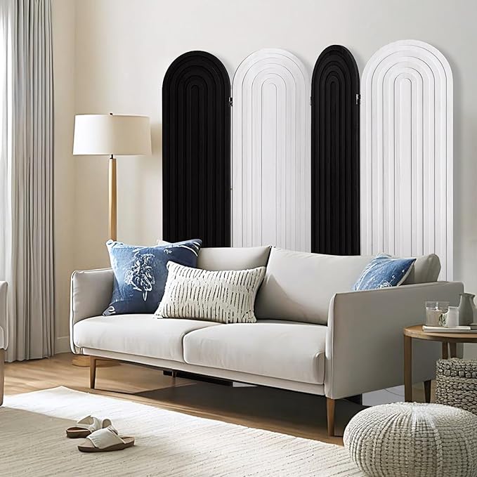 Asnefeli Room Divider 4 Pnale, Folding Privacy Screen, Foldable Wood Arched Room Divider Wall, Portable Partition Screen, Partition Divider for Room Separation for Home Office Bedroom, Black/White