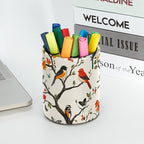 Leather Pen Holder for Desk, Colored Birds Flowers Trees Pencil Cup Desktop Organizer Makeup Brush Holders Office Supplies for Home, Kids & School