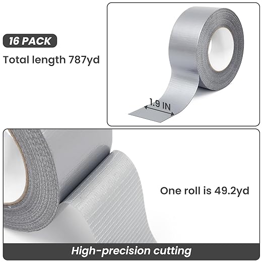 TOMAIX 16 Rolls Heavy Duty Duct Tape Bulk, 787 Yards, Gray Cloth Tape, Waterproof & Strong Adhesion for Repair, DIY, Home & Outdoor Use