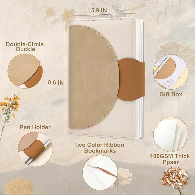 CAGIE AGIE Lined Journal for Women, 100GSM Leather Journals for Writing with Buckle Closure,A5 Hardcover Diary Journaling Notebooks for Business Work School Note Taking 5.9" x8.59 (Brown x 2)