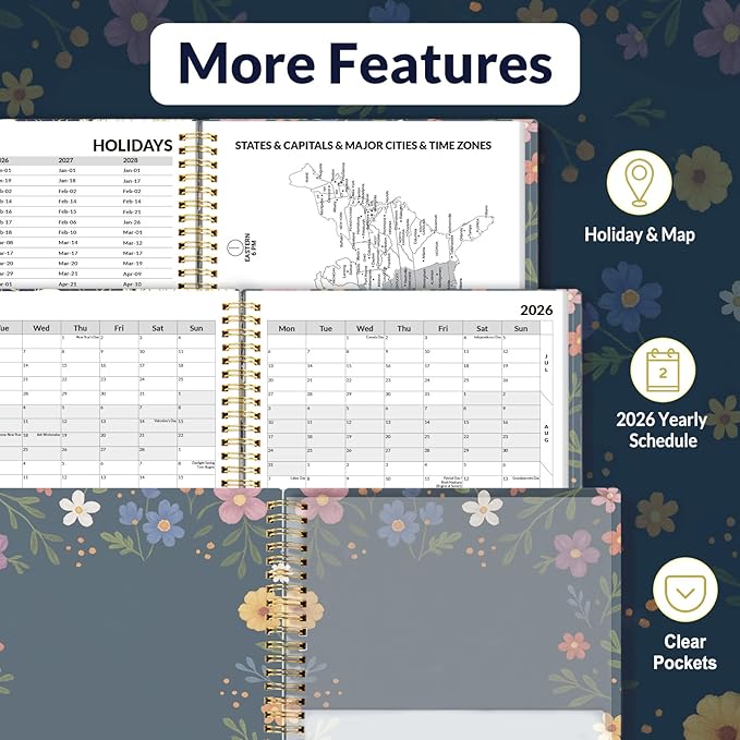 SUNEE 2026 Weekly and Monthly Planner - from January 2026 - December 2026, Daily Agenda Planner with Monthly Tab, Flexible Cover, Note Pages, Pockets, Bookmark, Spiral Binding, Navy Flower, 8.5"x11"