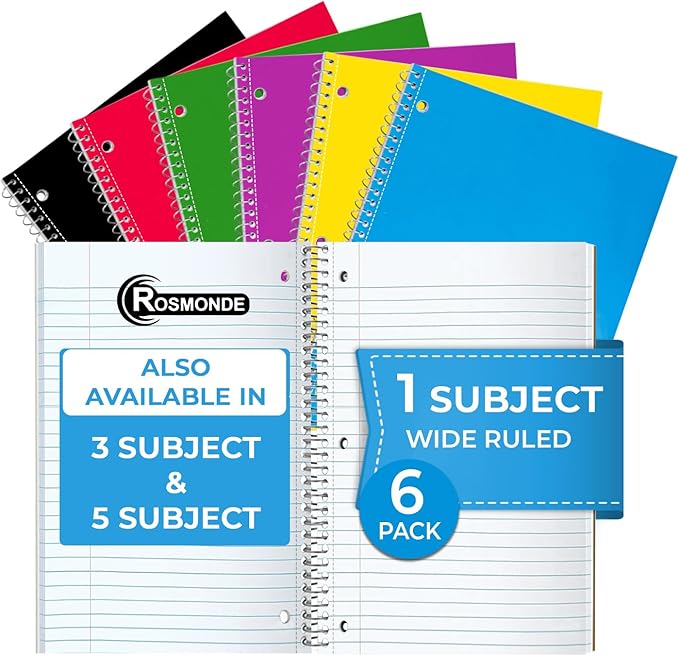 Rosmonde 1 Subject Notebook Wide Ruled, 6 Pack, 70 Sheets (140 Pages), 8 x 10-1/2, 3 Hole Punched Notebooks, Thick No-Bleed Paper, Sturdy Back, Wide Ruled Notebook for School & Office, Assorted Colors