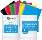 Rosmonde 1 Subject Notebook Wide Ruled, 6 Pack, 70 Sheets (140 Pages), 8 x 10-1/2, 3 Hole Punched Notebooks, Thick No-Bleed Paper, Sturdy Back, Wide Ruled Notebook for School & Office, Assorted Colors