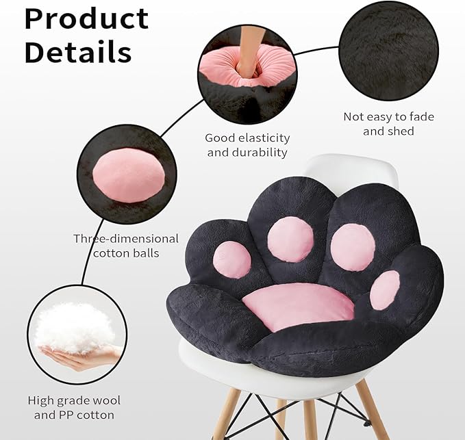 Ditucu Cat Paw Cushion Kawaii Chair Cushions 31.4 x 27.5 inch Cute Stuff Seat Pad Comfy Lazy Sofa Office Floor Pillow for Gaming Chairs Room Decor Black