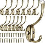 Homanu 14 Pack Coat Hooks Wall Mounted with 28 Screws, Heavy Duty Antique Brass Towel Hooks Metal Double Hooks, No Rust Retro Rustic Wall Hooks for Hanging Towel, Coat, Scarf, Bag, Hat, Cup, Key