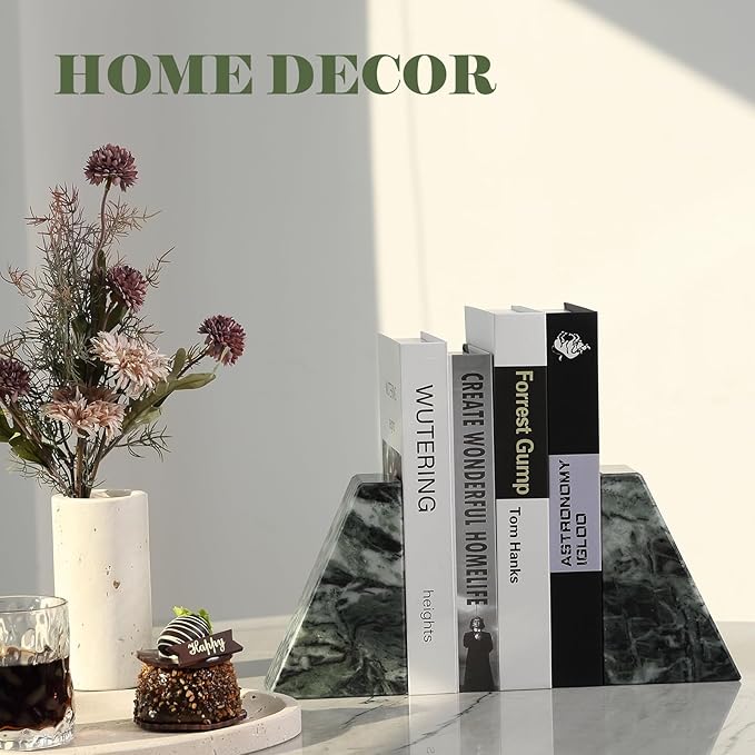 Karibiber Marble Bookends for Heavy Books, Decorative Bookends for Shelves, Green Stone Book Ends, Heavy-Duty Book Ends for Hardback Book & Cookbooks, Unique Book Stopper & Holder, Set of 2