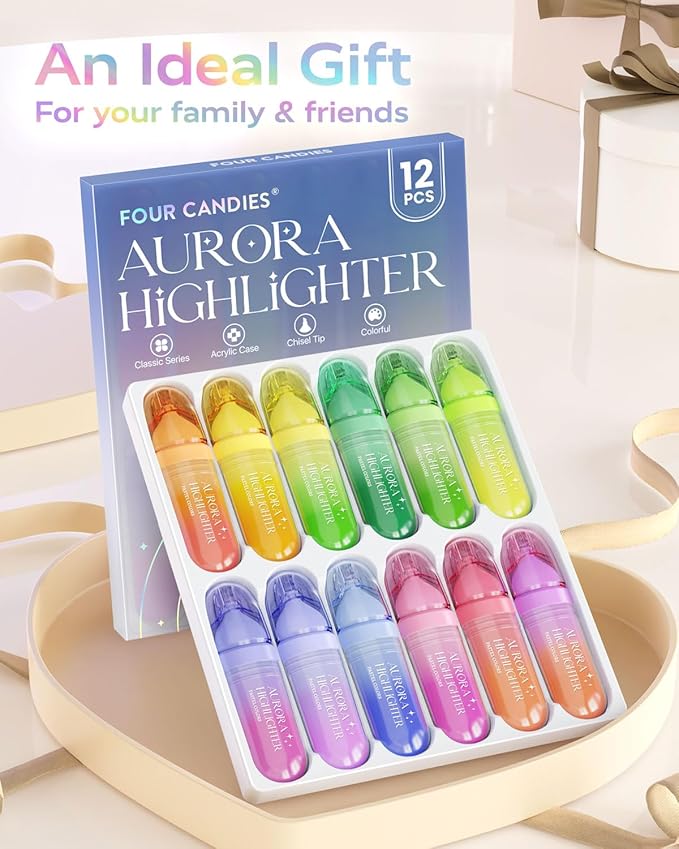 Four Candies 12 Pcs Highlighters Assorted Colors, Cute Pastel Highlighter Set, Dry Quickly, Soft Chisel Tip, No Bleed Highlighter, Aesthetic Highlighters fo Purple Christmas Gifts