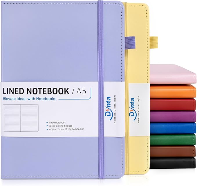 Dynta Hardcover Journal Notebooks 10 Pack A5 Lined Journals Bulk 5.8 x 8.4 Inch 160 Pages/80 Sheets 10 Colors College Ruled with Pen Loop Notebooks for Work, Writing, Note Taking