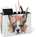 Famame Flowers on Bulldog Head Pencil Holder for Desk, Leather Desktop Container Pen Cup Storage Study Table Pen Organizer Makeup Brush Holder for Classroom Office Home