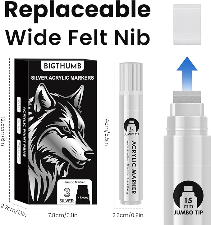 BIGTHUMB 3 Pcs Silver Jumbo Permanent Markers: 15mm Wide Tip Thick Acrylic Paint Pen Large Calligraphy Marker for Rock Painting, Poster, Sign, Canvas, Glass, Wood, Ceramic